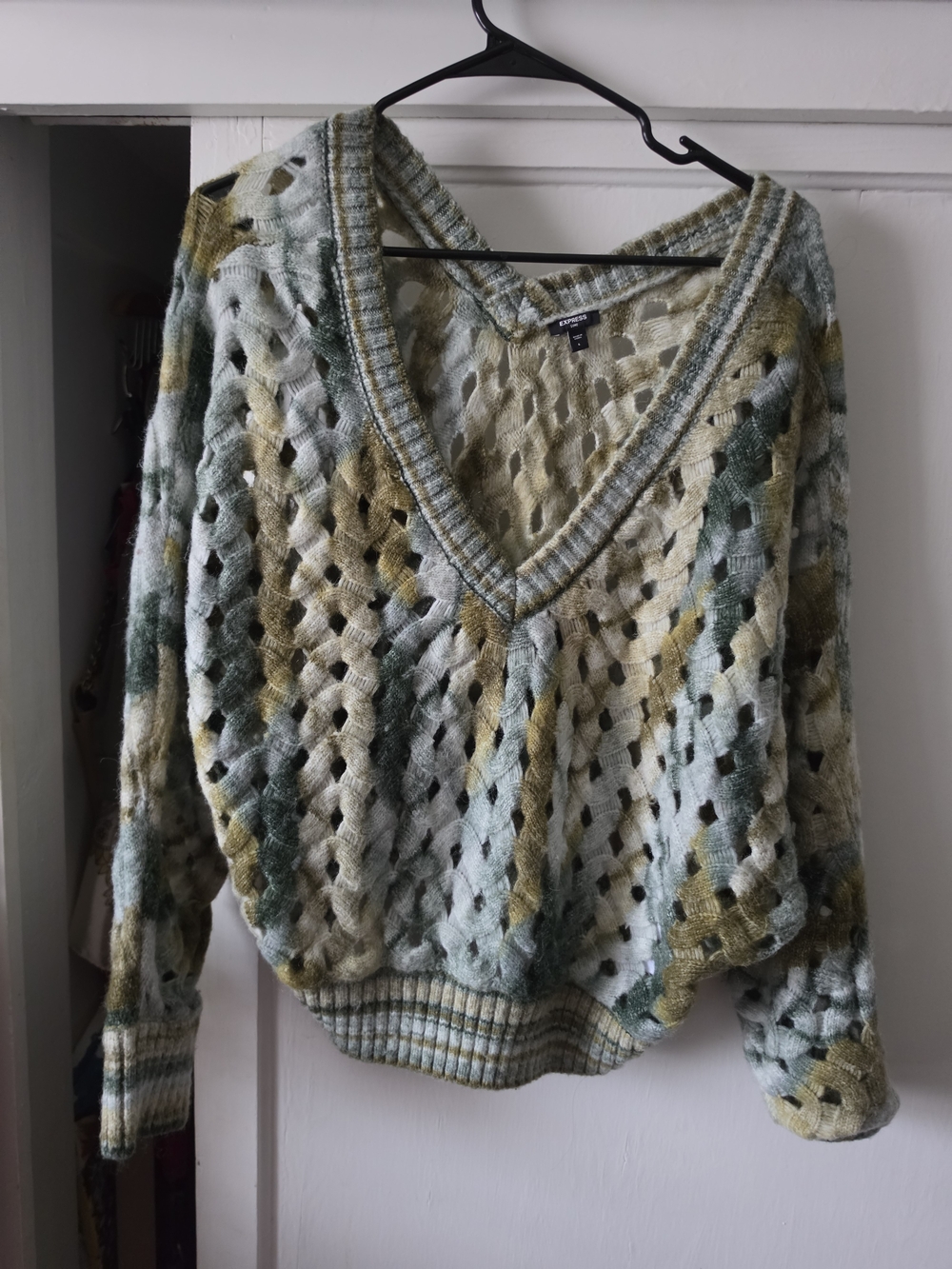 Express Open-Knit V-Neck Sweater in Mint, Olive & Cream